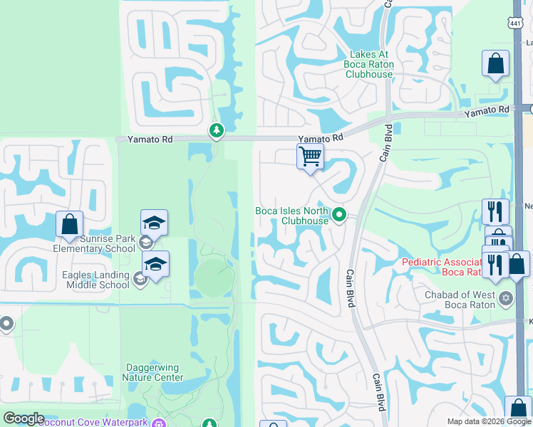 map of restaurants, bars, coffee shops, grocery stores, and more near 19260 Bay Leaf Court in Boca Raton