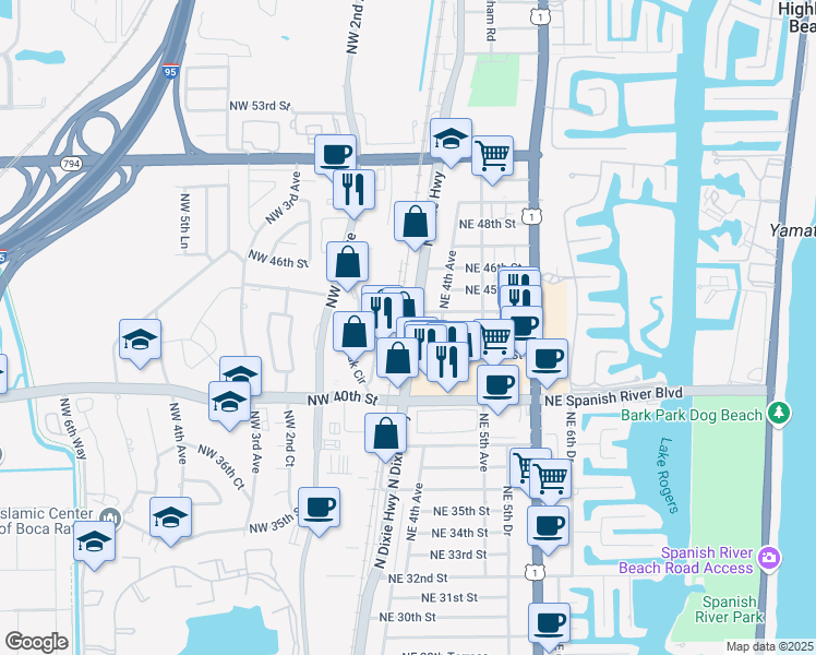 map of restaurants, bars, coffee shops, grocery stores, and more near 4201 North Dixie Highway in Boca Raton