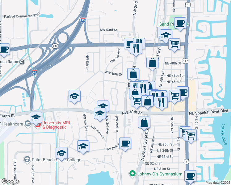 map of restaurants, bars, coffee shops, grocery stores, and more near 4209 Northwest 2nd Court in Boca Raton