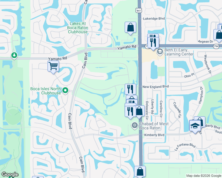 map of restaurants, bars, coffee shops, grocery stores, and more near 19325 Cherry Hills Terrace in Boca Raton
