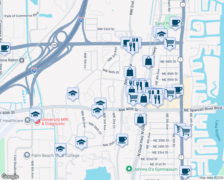 map of restaurants, bars, coffee shops, grocery stores, and more near 4209 Northwest 2nd Court in Boca Raton