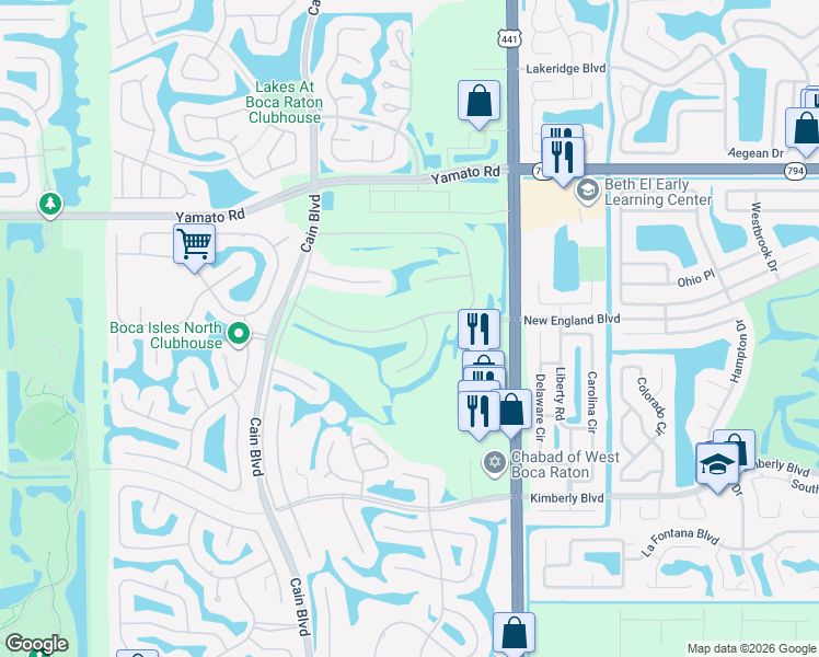 map of restaurants, bars, coffee shops, grocery stores, and more near 19325 Cherry Hills Terrace in Boca Raton