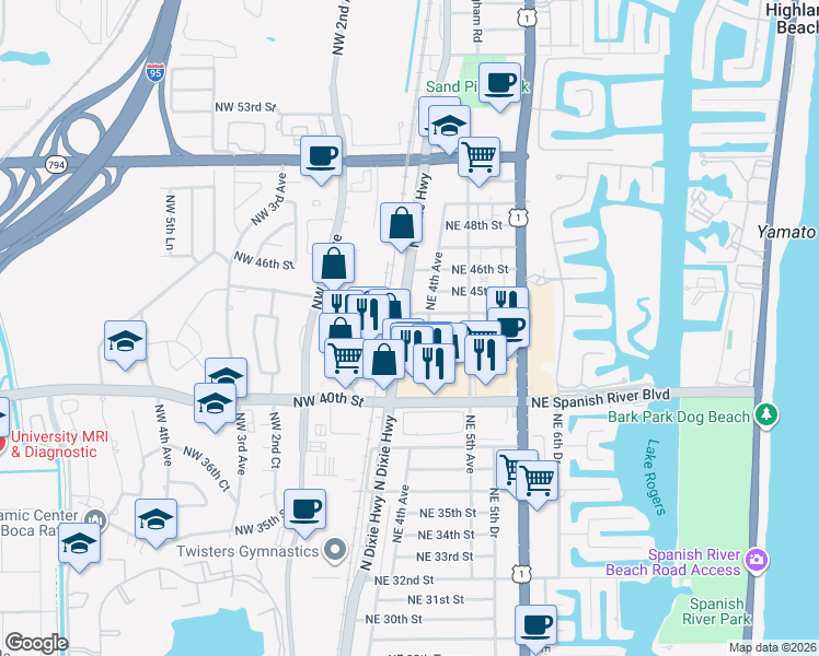 map of restaurants, bars, coffee shops, grocery stores, and more near 4231 Northeast 4th Avenue in Boca Raton