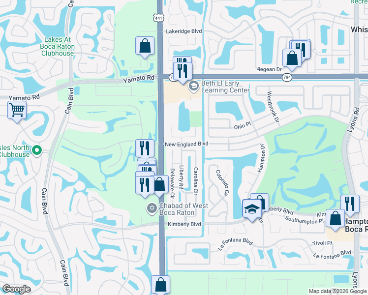 map of restaurants, bars, coffee shops, grocery stores, and more near 19305 Liberty Road in Boca Raton