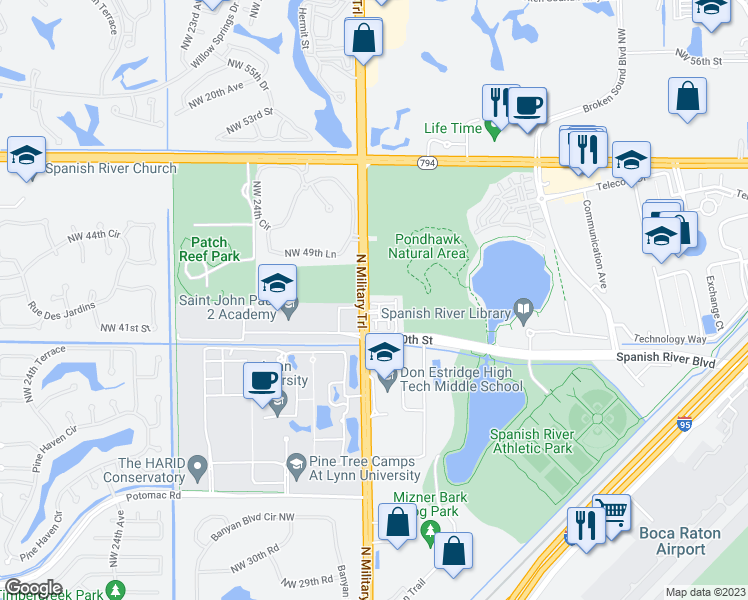 map of restaurants, bars, coffee shops, grocery stores, and more near 1841 Northwest 42nd Drive in Boca Raton