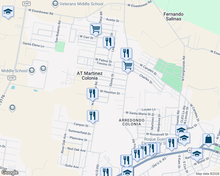 map of restaurants, bars, coffee shops, grocery stores, and more near 1117 West Houston Street in Rio Grande City
