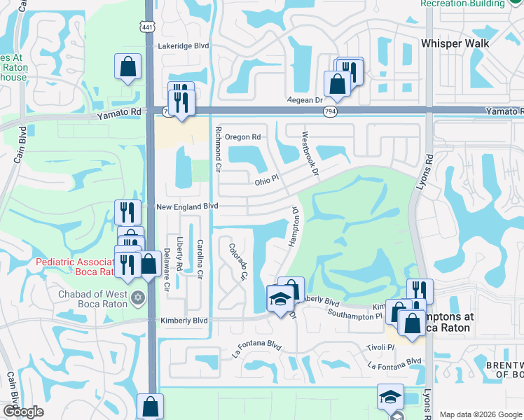 map of restaurants, bars, coffee shops, grocery stores, and more near 9656 Lancaster Place in Boca Raton