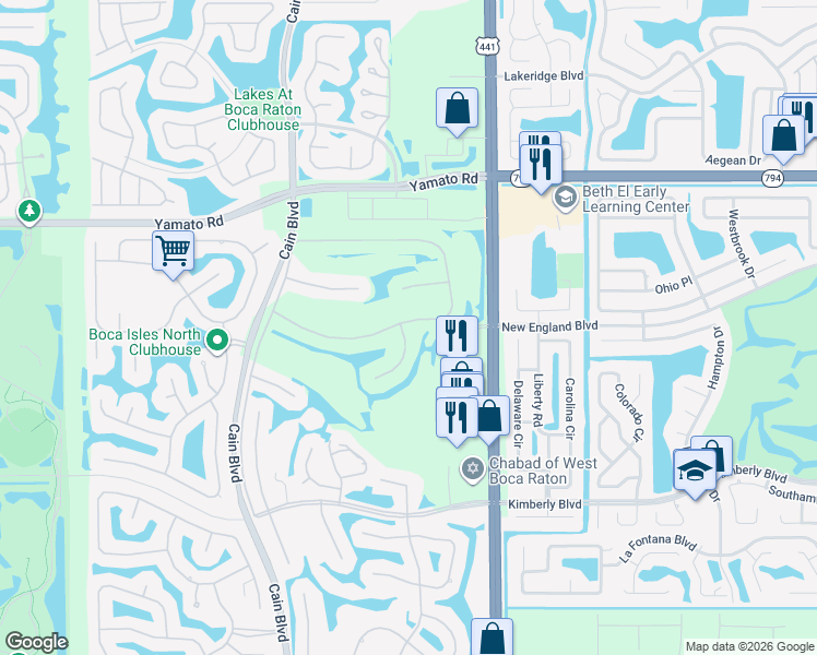map of restaurants, bars, coffee shops, grocery stores, and more near 10218 Canoe Brook Circle in Boca Raton