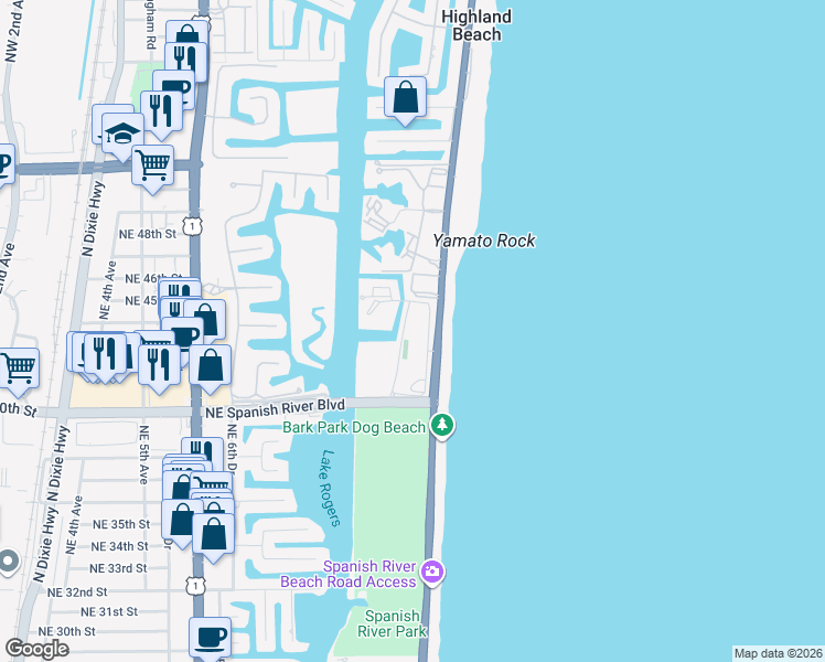 map of restaurants, bars, coffee shops, grocery stores, and more near 4301 North Ocean Boulevard in Boca Raton