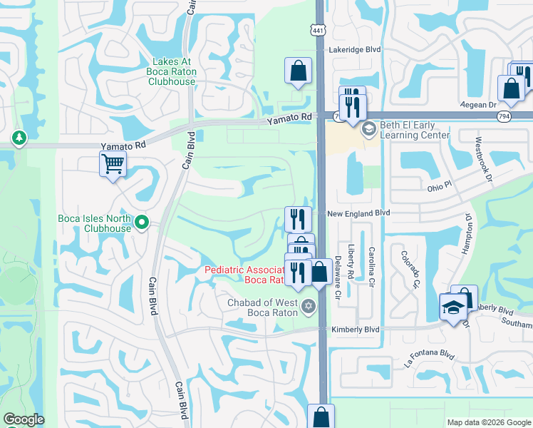 map of restaurants, bars, coffee shops, grocery stores, and more near 10218 Canoe Brook Circle in Boca Raton