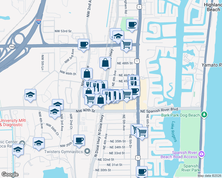 map of restaurants, bars, coffee shops, grocery stores, and more near 399 Northeast 44th Street in Boca Raton