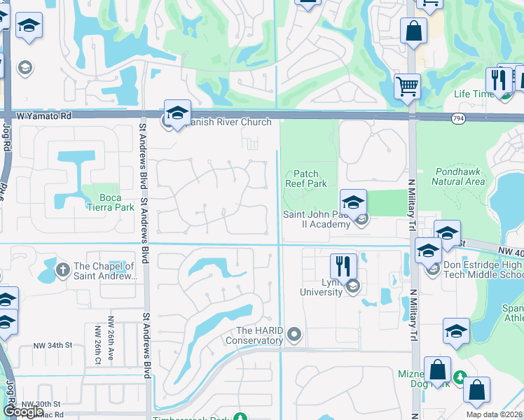map of restaurants, bars, coffee shops, grocery stores, and more near 2345 Windsor Circle in Boca Raton