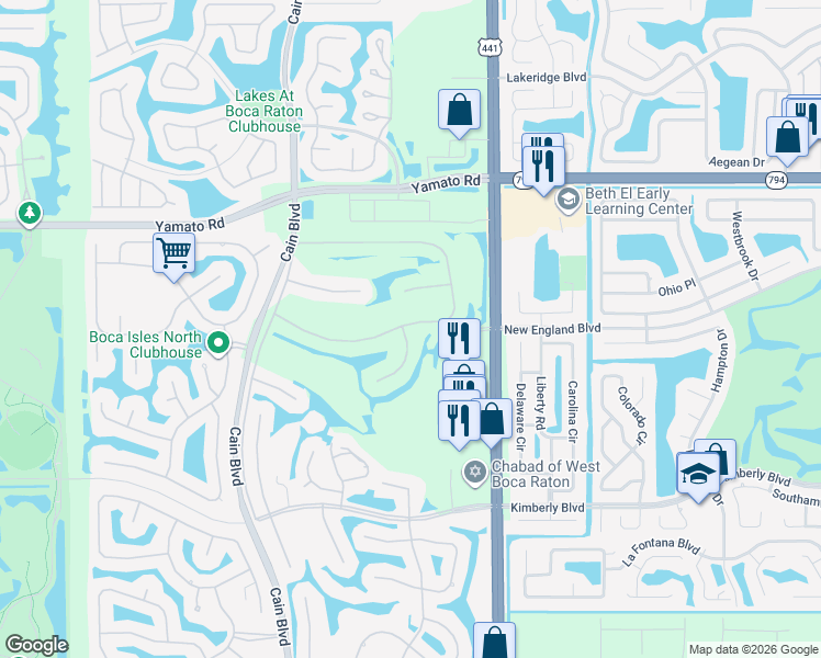 map of restaurants, bars, coffee shops, grocery stores, and more near 10218 Canoe Brook Circle in Boca Raton