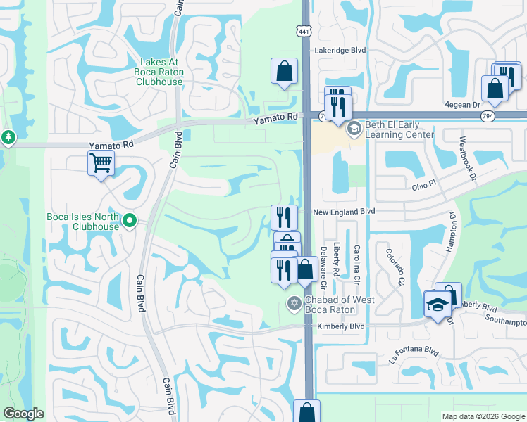 map of restaurants, bars, coffee shops, grocery stores, and more near 10218 Canoe Brook Circle in Boca Raton