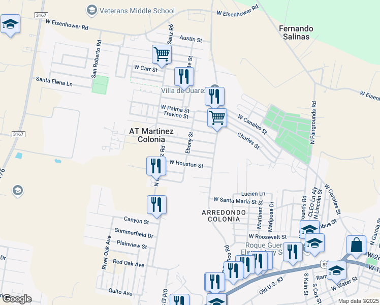 map of restaurants, bars, coffee shops, grocery stores, and more near 1110 Jasper Street in Rio Grande City