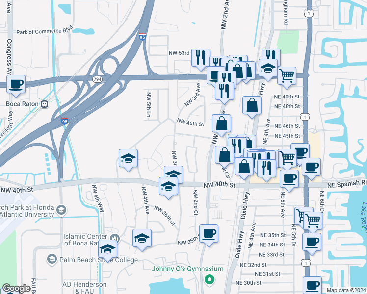 map of restaurants, bars, coffee shops, grocery stores, and more near 4401 Northwest 2nd Terrace in Boca Raton