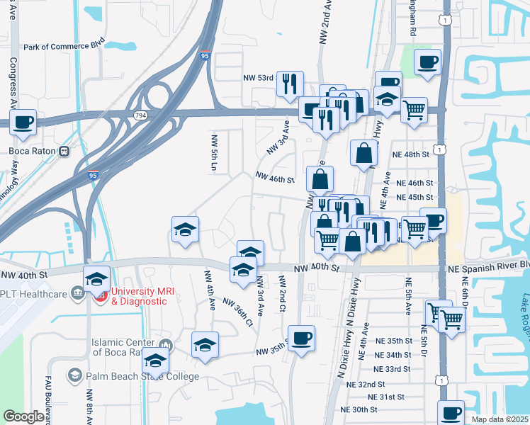 map of restaurants, bars, coffee shops, grocery stores, and more near 4401 Northwest 2nd Terrace in Boca Raton