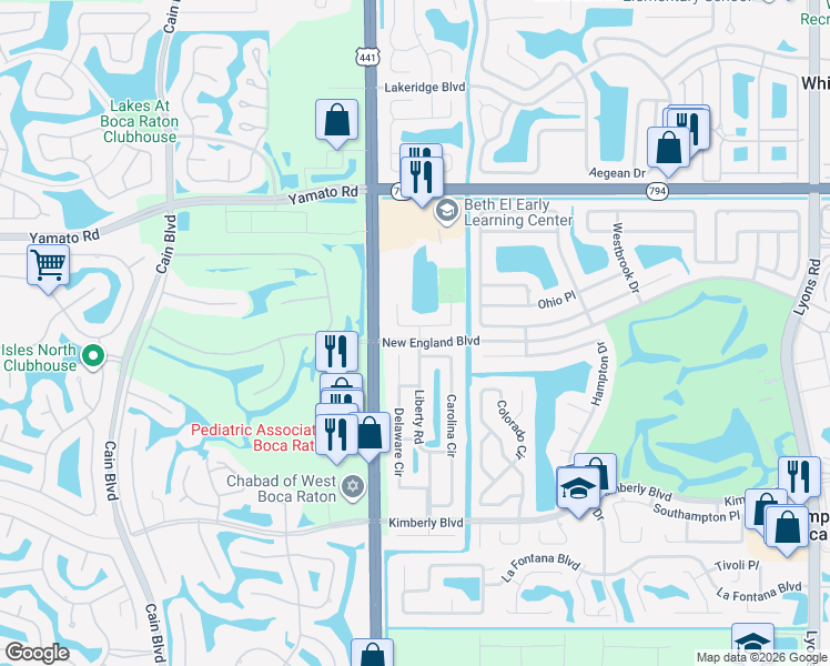 map of restaurants, bars, coffee shops, grocery stores, and more near 9905 Liberty Road in Boca Raton