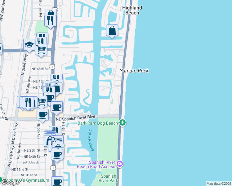 map of restaurants, bars, coffee shops, grocery stores, and more near 4301 North Ocean Boulevard in Boca Raton