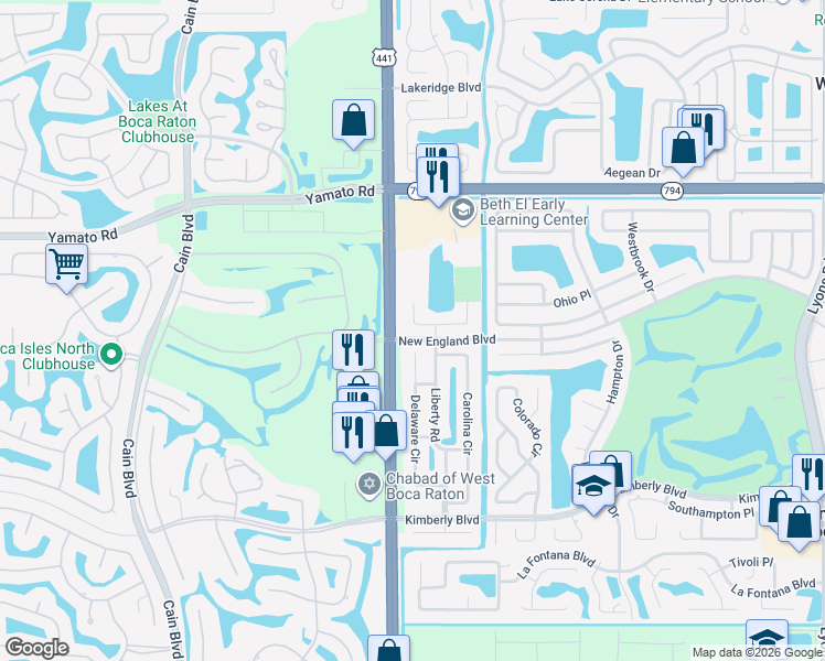 map of restaurants, bars, coffee shops, grocery stores, and more near 9952 Liberty Road in Boca Raton