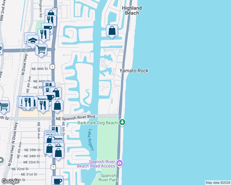 map of restaurants, bars, coffee shops, grocery stores, and more near 4301 North Ocean Boulevard in Boca Raton