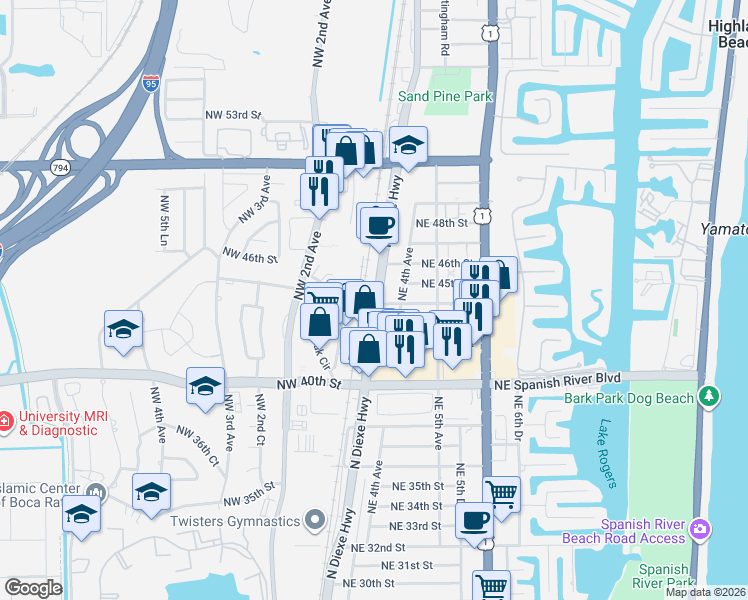 map of restaurants, bars, coffee shops, grocery stores, and more near 4500 Oak Circle Drive in Boca Raton