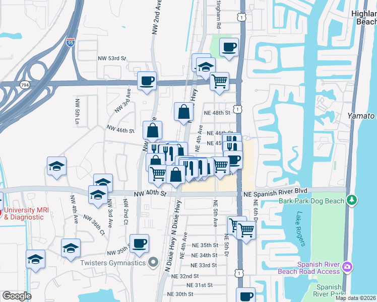 map of restaurants, bars, coffee shops, grocery stores, and more near 301 Northeast 44th Street in Boca Raton