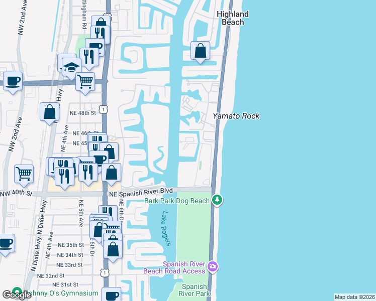 map of restaurants, bars, coffee shops, grocery stores, and more near 4201 North Ocean Boulevard in Boca Raton