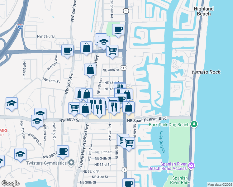map of restaurants, bars, coffee shops, grocery stores, and more near 559 Northeast 44th Street in Boca Raton