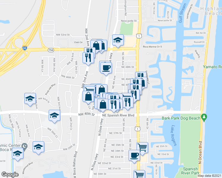 map of restaurants, bars, coffee shops, grocery stores, and more near 399 NE 44th St in Boca Raton