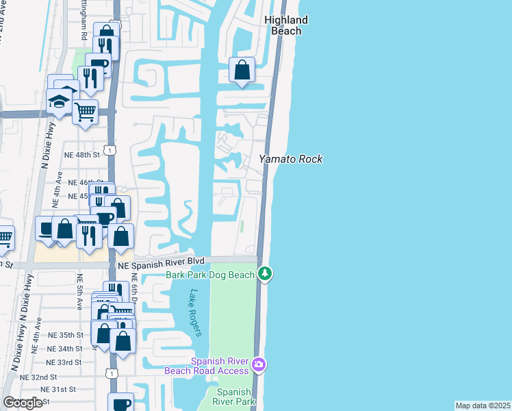 map of restaurants, bars, coffee shops, grocery stores, and more near 4001 North Ocean Boulevard in Boca Raton