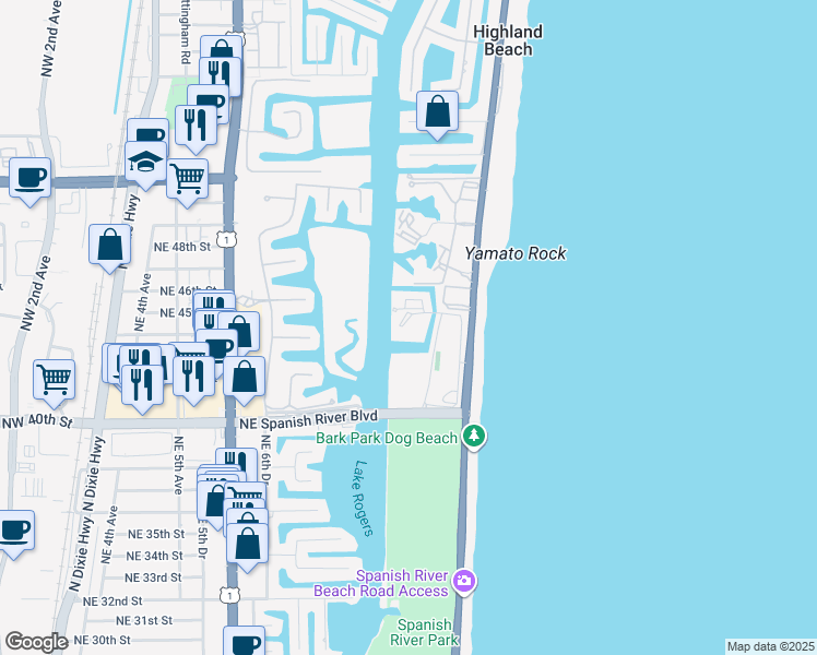 map of restaurants, bars, coffee shops, grocery stores, and more near 4201 North Ocean Boulevard in Boca Raton