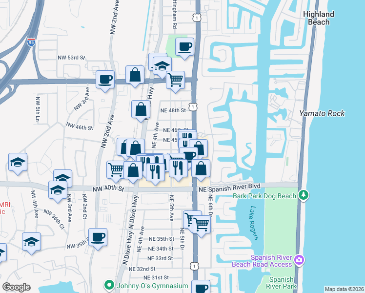map of restaurants, bars, coffee shops, grocery stores, and more near 559 Northeast 44th Street in Boca Raton