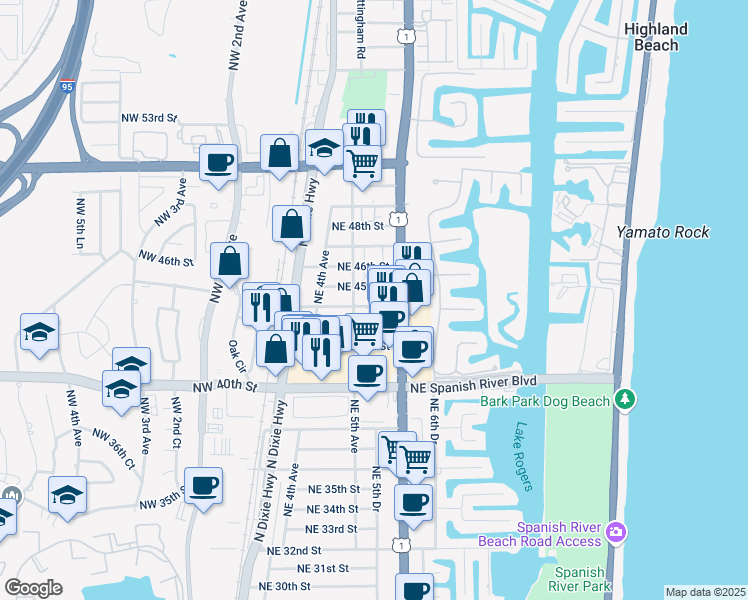map of restaurants, bars, coffee shops, grocery stores, and more near 559 Northeast 44th Street in Boca Raton