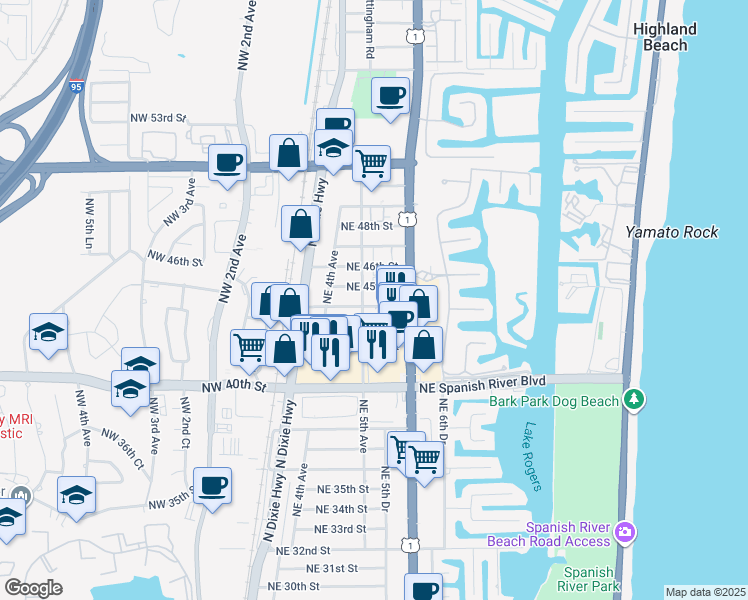 map of restaurants, bars, coffee shops, grocery stores, and more near 559 Northeast 44th Street in Boca Raton