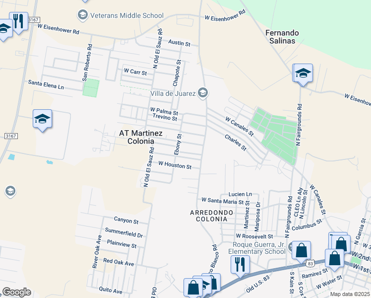 map of restaurants, bars, coffee shops, grocery stores, and more near 1110 Jasper Street in Rio Grande City