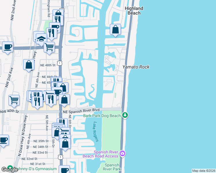 map of restaurants, bars, coffee shops, grocery stores, and more near 4201 North Ocean Boulevard in Boca Raton