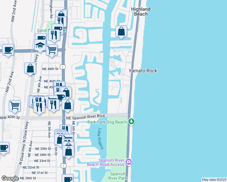 map of restaurants, bars, coffee shops, grocery stores, and more near 4201 North Ocean Boulevard in Boca Raton