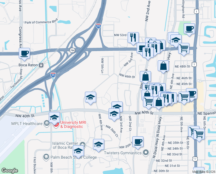 map of restaurants, bars, coffee shops, grocery stores, and more near 341 Knob Hill Boulevard in Boca Raton