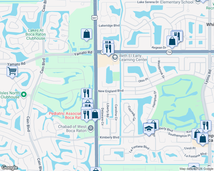 map of restaurants, bars, coffee shops, grocery stores, and more near 9905 Liberty Road in Boca Raton