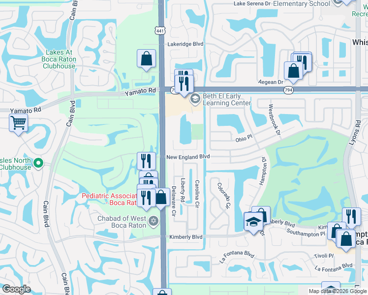 map of restaurants, bars, coffee shops, grocery stores, and more near 9893 Liberty Road in Boca Raton