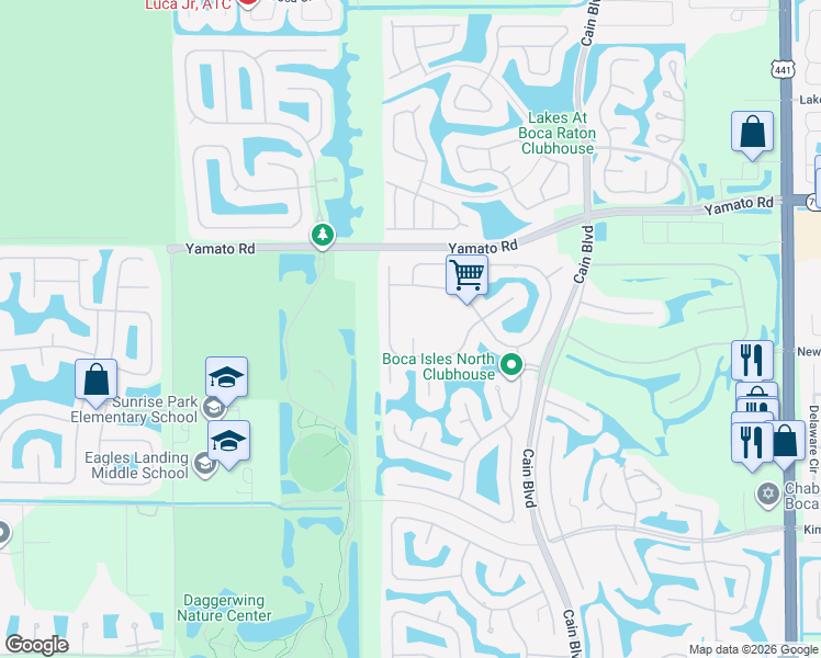 map of restaurants, bars, coffee shops, grocery stores, and more near 19196 Black Mangrove Court in Boca Raton