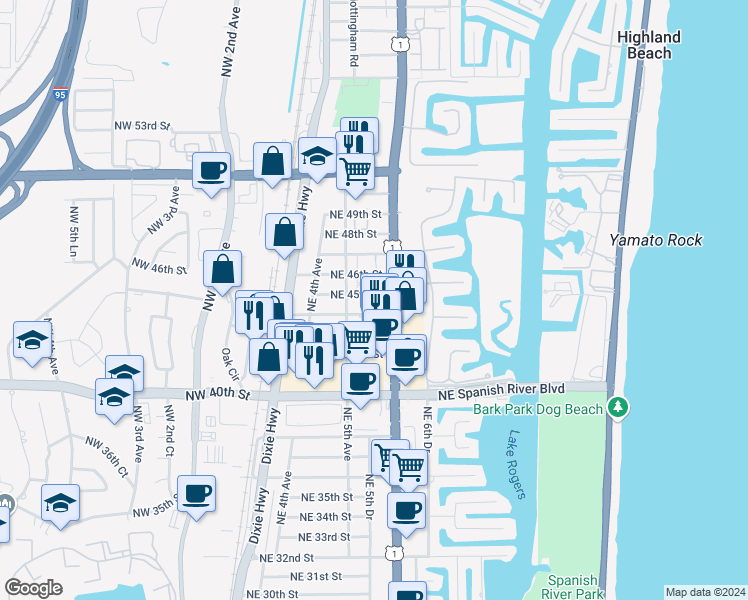 map of restaurants, bars, coffee shops, grocery stores, and more near 559 Northeast 44th Street in Boca Raton