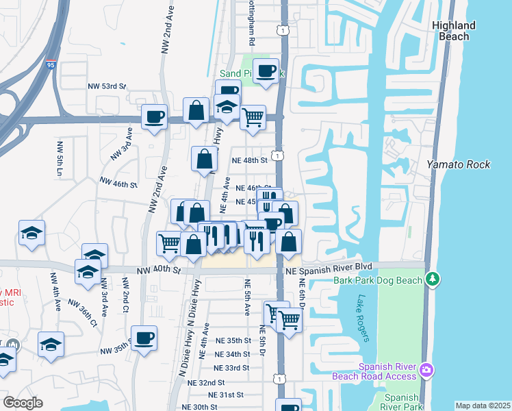 map of restaurants, bars, coffee shops, grocery stores, and more near 559 Northeast 44th Street in Boca Raton