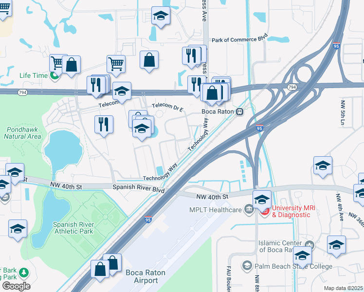 map of restaurants, bars, coffee shops, grocery stores, and more near 4755 Technology Way in Boca Raton