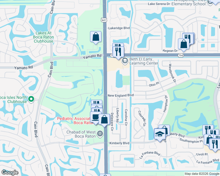 map of restaurants, bars, coffee shops, grocery stores, and more near 9952 Liberty Road in Boca Raton