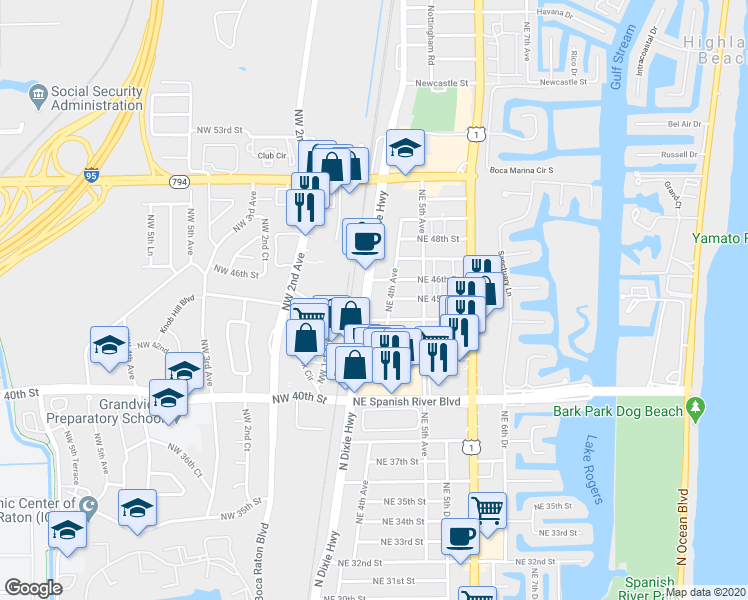 map of restaurants, bars, coffee shops, grocery stores, and more near 399 Northeast 44th Street in Boca Raton