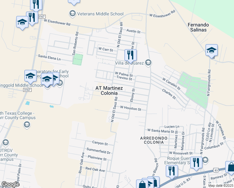 map of restaurants, bars, coffee shops, grocery stores, and more near North Old El Sauz Road in Rio Grande City
