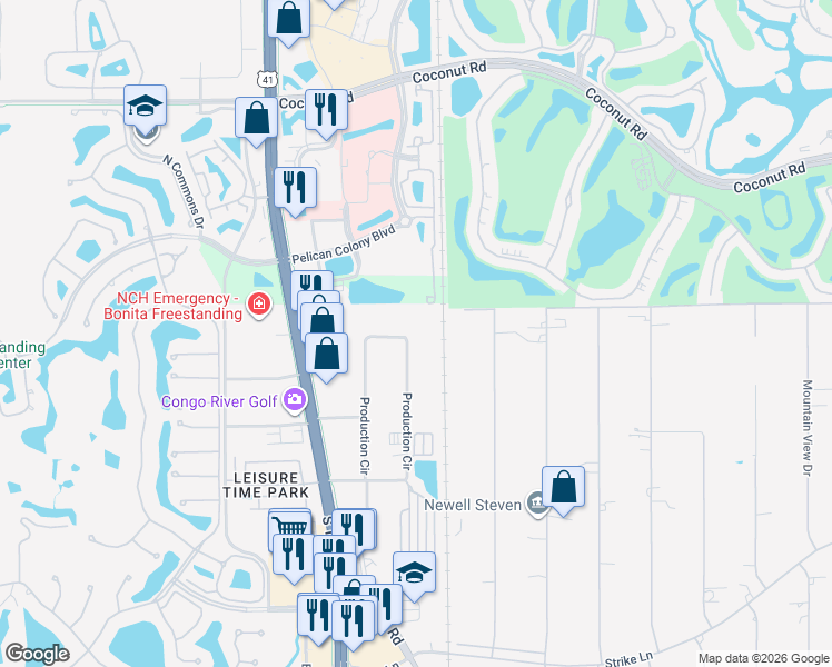 map of restaurants, bars, coffee shops, grocery stores, and more near 24174 Production Circle in Bonita Springs