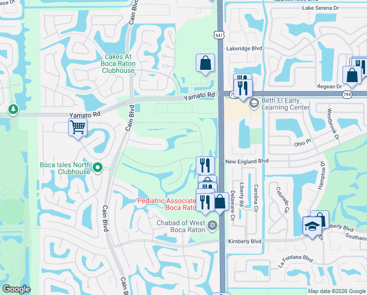 map of restaurants, bars, coffee shops, grocery stores, and more near 10218 Canoe Brook Circle in Boca Raton